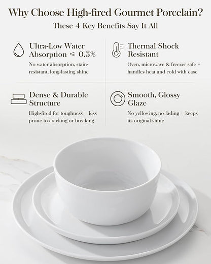 MALACASA 24 Pieces Gourmet Porcelain Dinnerware Sets, Premium Plates and Bowls Set, High-Fired Ceramic Dishes Set for 8, Chip & Scratch Resistant, Microwave Dishwasher Safe, White, Series LEXI