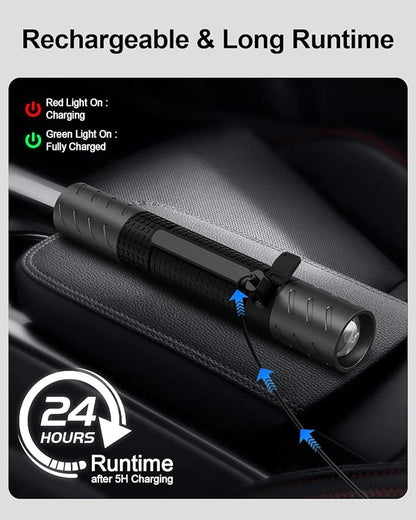 Rechargeable Flashlight, Includes Screwdriver, Window Breaker, 4 Main Lighting Modes, 3 Side Lighting Modes, High and Low Beam, Magnetic Rechargeable Flashlight for Home, Car, Hiking, Camping