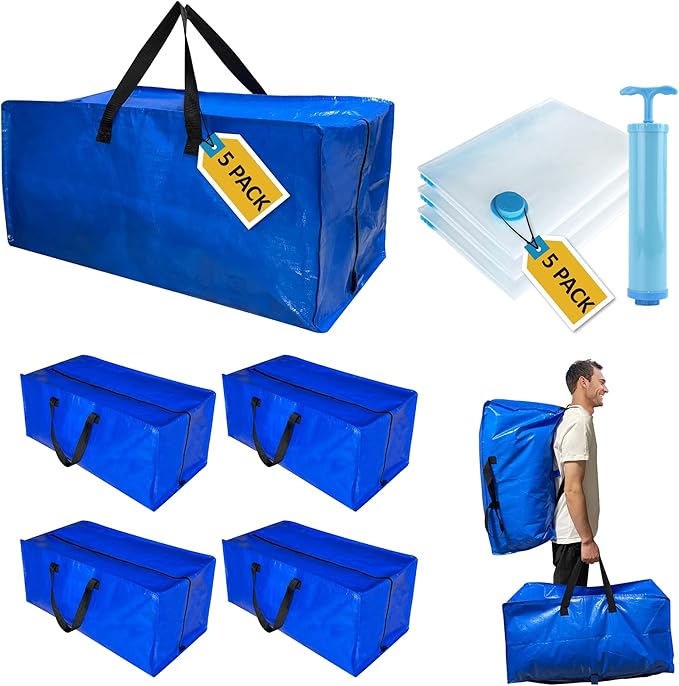 10 Pack Heavy Duty Extra Large Moving Bags with Backpack Straps & Vacuum Storage Supply Combo, Totes Handles Zippers for Space Saving, Fold Flat, Includes Bags, Blue, (HEV10)