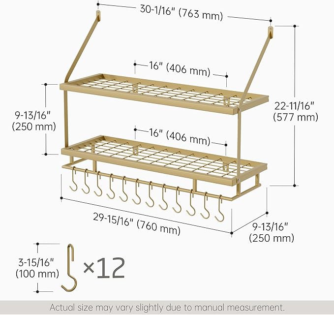 KES 30-Inch Gold Pot Rack Wall Mounted, 2-Tier Hanging Pot and Pan Organizer