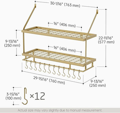 KES 30-Inch Gold Pot Rack Wall Mounted, 2-Tier Hanging Pot and Pan Organizer