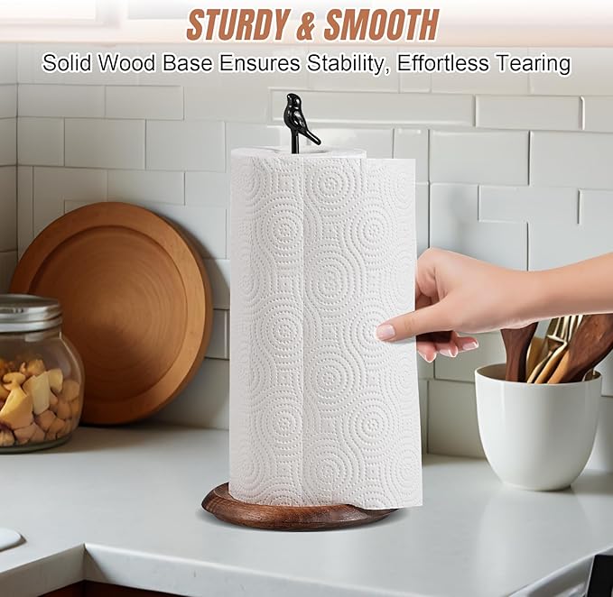 Wooden Paper Towel Holder countertop, Stylish Bird Shaped, Solid Wood Base&Iron