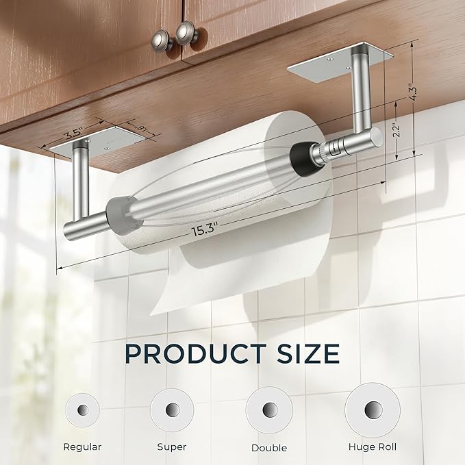 FORIOUS Paper Towel Holder Under Cabinet, Single Hand Operable
