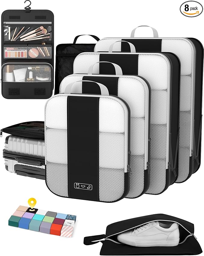 OlarHike 8 Set Compression Packing Cubes for Travel Essentials,Compressible Expandable Space Saver Bags for Organizing Clothes,Luggage Suitcase Garment Bags with Over 1000 pcs Mesh Holes(Black)