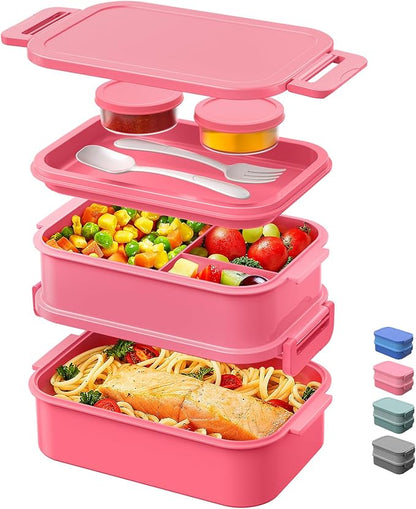 DaCool Adults Bento Box Lunch Box - Stackable All-in-One Leakproof Bento Lunch Box for Adults Women Girls 74 OZ Large Lunch Containers with Fork Spoon Sauce Boxes for Work School Dining Out, Pink