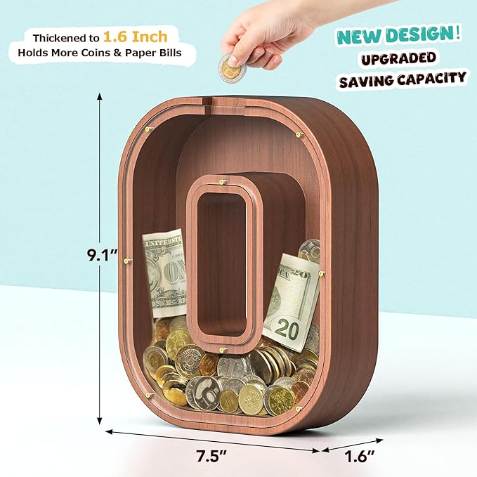 Summidate Wooden Letter Piggy Bank, Extra Thick Large Capacity Piggy Bank for Kids Boys Girls Toddler, Alphabet O Money Bank| Coin Box Birthday, Christmas, Festival