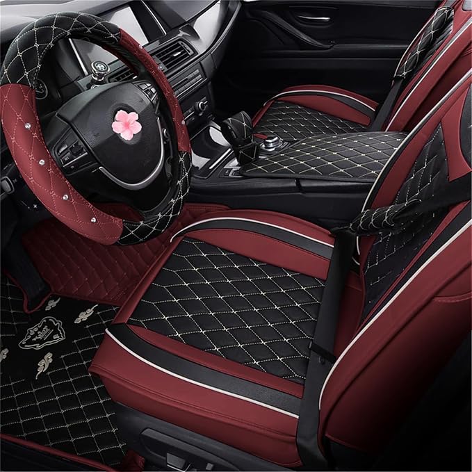 SanQing Car Seat Covers Full Set, Super Luxurious Heavy Universal Duty Waterproof Leather Automotive Vehicle Cover for Cars SUV Pick-up Truck, Non-Slip Seat Pink Car Accessories (Full Set/Wine Red)