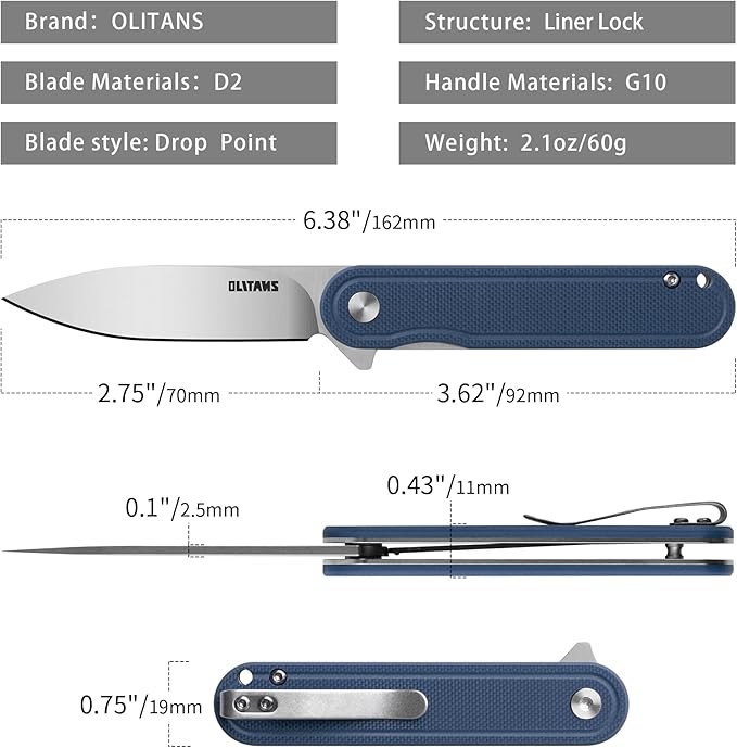 G040 Pocket Knife, 2.75'' D2 Steel Blade G10 handle, Small EDC Knife with Pocket Clip for Men Women, 2.1oz