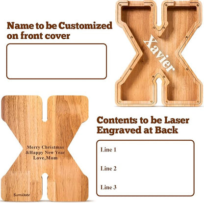 Summidate Customized Name Large Wooden Piggy Bank for Kids Boys Girls Alphabets Letter A-Z Coins Bills Money Change Bank Box Initial on Clear Cover (Laser Engraved) (Alphabet-X, Personalized-9")