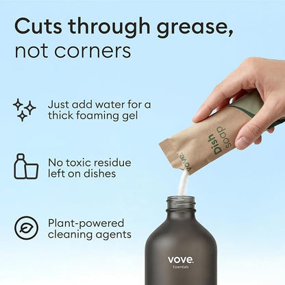 Vove Dish Soap Starter Set with Refillable Glass Pump Bottle & 3 Refills, Bergamot Mint & Basil, Powder-to-Gel Dishwashing Liquid, Plant-Based Concentrated Formula, Plastic-Free Packaging