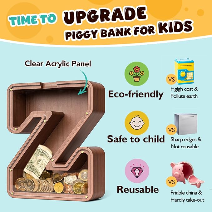 Summidate Wooden Letter Piggy Bank, Extra Thick Large Capacity Piggy Bank for Kids Boys Girls Toddler, Alphabet Z Money Bank| Coin Box Birthday, Christmas, Festival