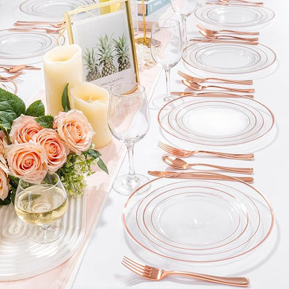 bUCLA 150PCS Clear Rose Gold Disposable Dinnerware set - Rose Gold Plastic Plates Include 25 Dinner / 25 Dessert Plates, 25 Knives, 25 Forks, 25 Spoons, 25 Cups for Party, Wedding & Mother's Day