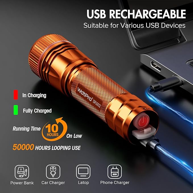 WdtPro Rechargeable Flashlights High Lumens, 1 Pack Super Bright LED Small Tactical EDC Flashlight with 10H Runtime, Portable Flash Light for Camping,Home,Emergency Essentials Orange Battery Included
