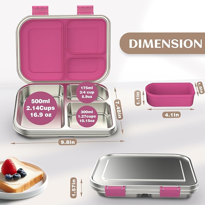 Stainless Steel Bento Box Kids, 3 Compartments Leak Proof Metal Bento Lunch Box, 304 Stainless Steel Bento Lunch Containers for School and Office,Dishwasher Safe, BPA-Free-Pink