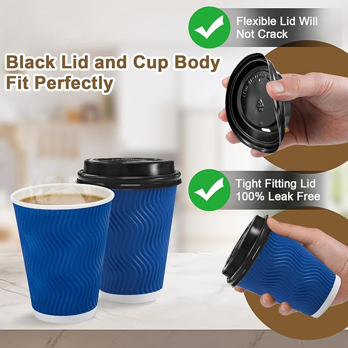 500 Pack Coffee Cups with Lids 12oz, Disposable Insulated Ripple Wall To Go Paper Coffee Cups for Hot/Cold Drinks Office Home Shop Event (Navy)