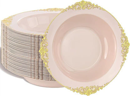 Nervure 50PCS Pink Plastic Bowls with Gold Rim - 12oz Disposable Soup Bowls, Heavy Duty Salad Ice Cream Bowl Perfect For Weddings, Parties and Everyday Use
