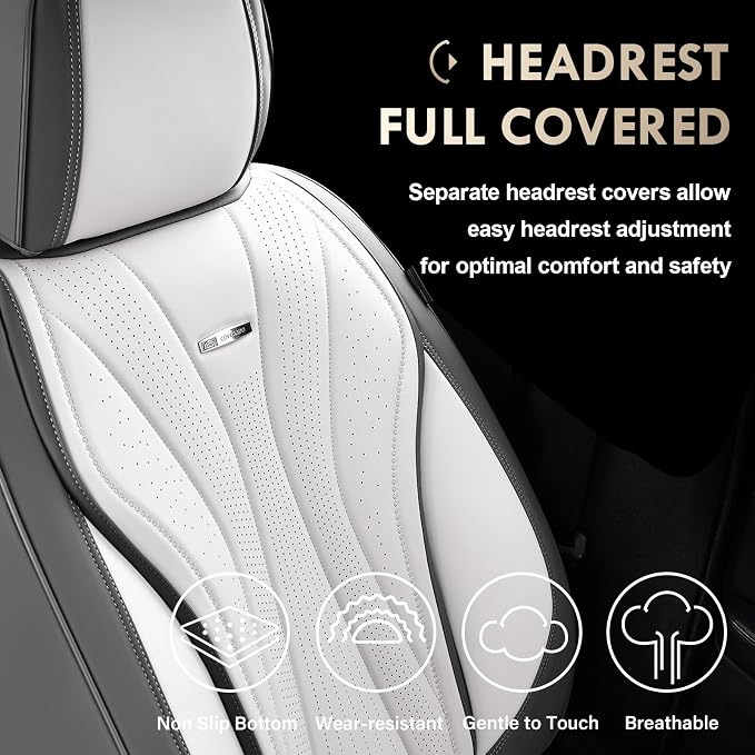 Coverado Seat Covers Full Set, Leather Car Seat Covers, Waterproof Seat Covers for Cars, Front and Back Seat Covers, Car Seat Protectors Car Seat Cushions Universal Fit for Most Cars, Gray&White
