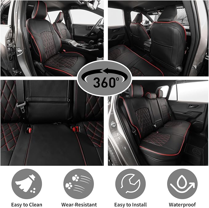 EKR Rav4 Seat Covers Custom Fit for Toyota Rav4 (Hybrid) SE/XSE & (PHEV) GR Sport 2026, Car Seat Cover Full Set for SUV,Factory-Style Upgrade, Easy-Wipe Protection,Faux Leather(Black with Red Piping)