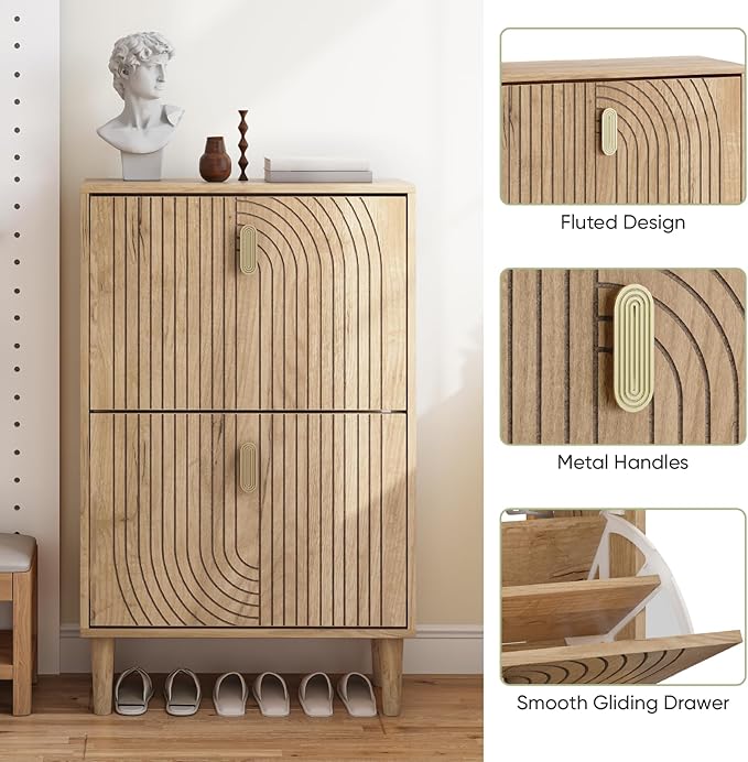 Smuxee Shoe Cabinet with 2 Flip Drawers, 23.6" Oak Hidden Shoe Storage Cabinet