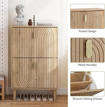 Smuxee Shoe Cabinet with 2 Flip Drawers, 23.6" Oak Hidden Shoe Storage Cabinet