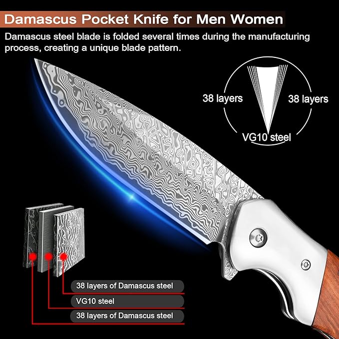 KOMWERO Damascus Pocket Knife, Sharp Damascus Steel Knife with Core VG10 Steel Blade Wood Handle, Folding Knife with Clip for Men Hunting, 60 HRC