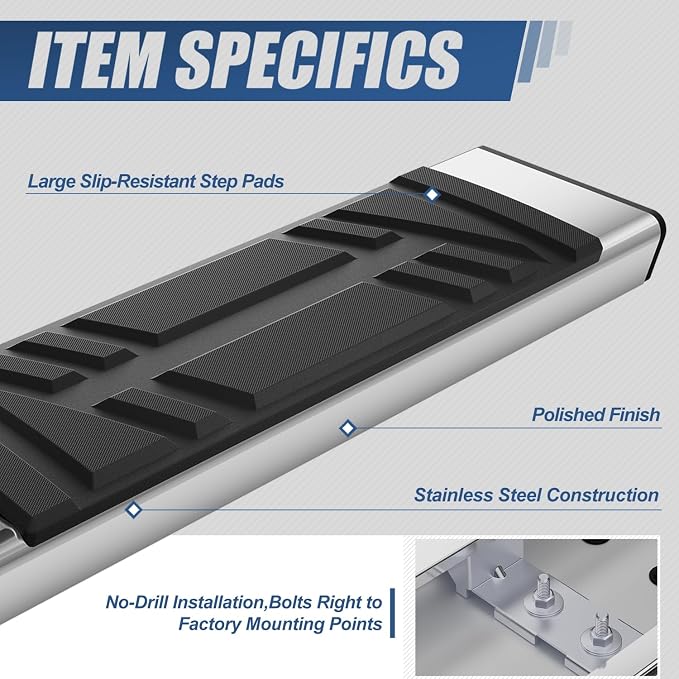 Auto Dynasty Running Boards Compatible with 2014-2019 Chevy Silverado GMC Sierra 1500 LD 2500HD 3500HD Standard Cab, Stainless Steel Side Step Rail Nerf Bars, 6.5" Step Bars, Polished