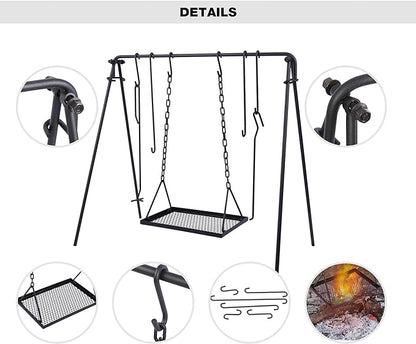 REDCAMP Swing Campfire Grill Stand - Collapsible Campfire Cooking Rack with 6 Hooks & Iron Grill Grate, Portable Dutch Oven Hanger for Outdoor Camping, Cookware, Bonfire, Rectangle