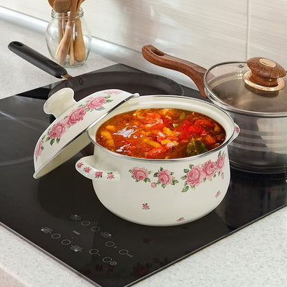 SOUJOY Enamel Stockpot with Lid, 2.8 Quart Retro Cooking Pot, Vintage Floral