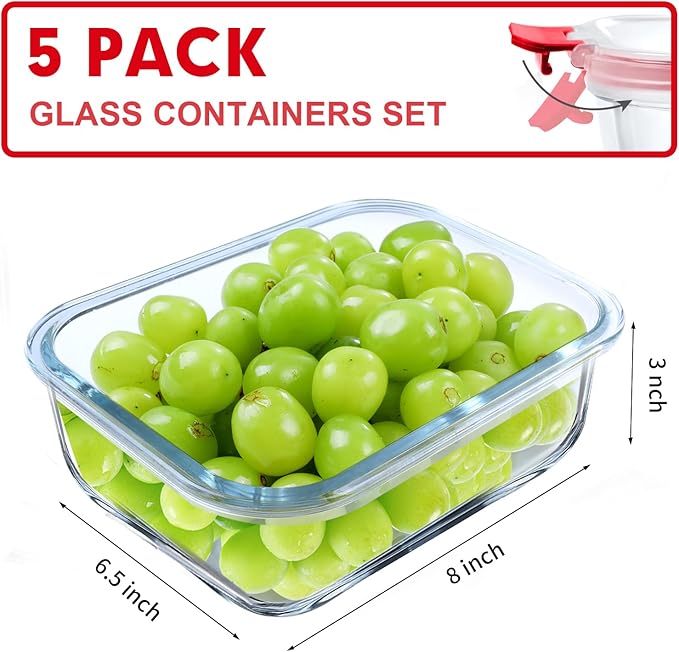 VERONES 5 Pack 36 OZ Glass Meal Prep Containers, Airtight Glass Lunch Containers Set, Glass Food Storage Containers with Lids,Exclusive of BPA, for Microwave, Oven, Freezer & Dishwasher Friendly,Red