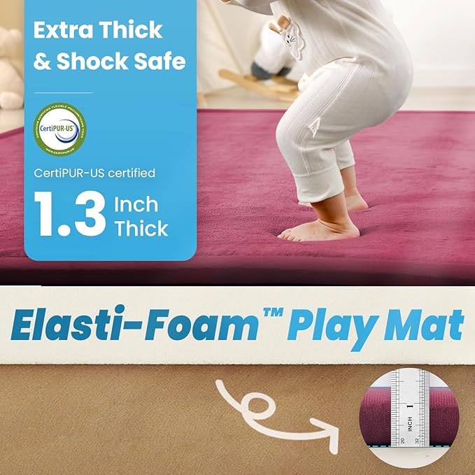 1.3" Thick Baby Play Mat for Floor, 39x59 Foam Tummy Time Mat, Padded Support Soft Plush Nursery Rug for Infant Kids Toddler Crawling Kick Activity (Burgundy)