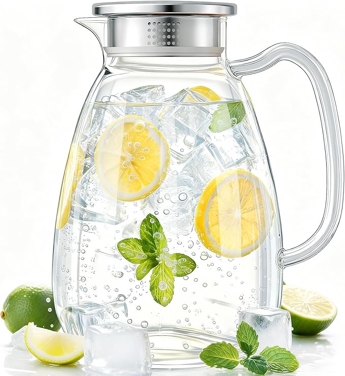 Glass Pitcher with Lid and Handle, 2.2L Borosilicate Glass Water Carafe