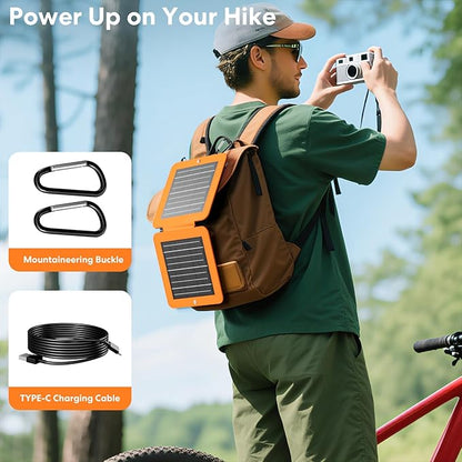 Solar Panels 10W Portable Foldable Solar Charger with 5V USB-A and USB-C Fast Charging Compatible with iPhone, iPad, Samsung, Power Banks, IPX5 Waterproof Perfect for Camping, Hiking, Outdoor