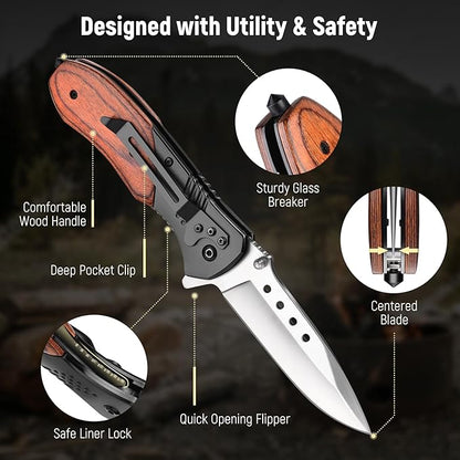Pocket Knife for Men - 3.46" Sharp Blade Wood Handle Pocket Folding Knives with Clip, Glass Breaker - EDC Knives for Camping Survival Fishing Outdoor Hiking Women Men,Black-Silver