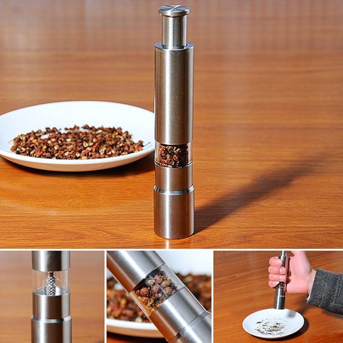 Salt and Pepper Grinder Set of 2, Stainless Steel Push Button Grinder Modern