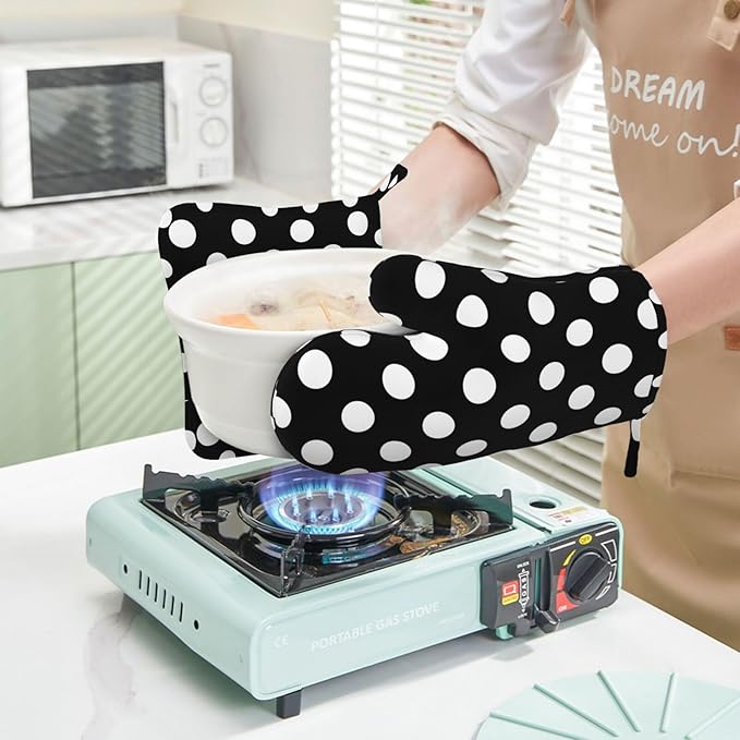 Black White Retro Polka Dot Oven Mitts and Pot Holders Sets of 4, Heat