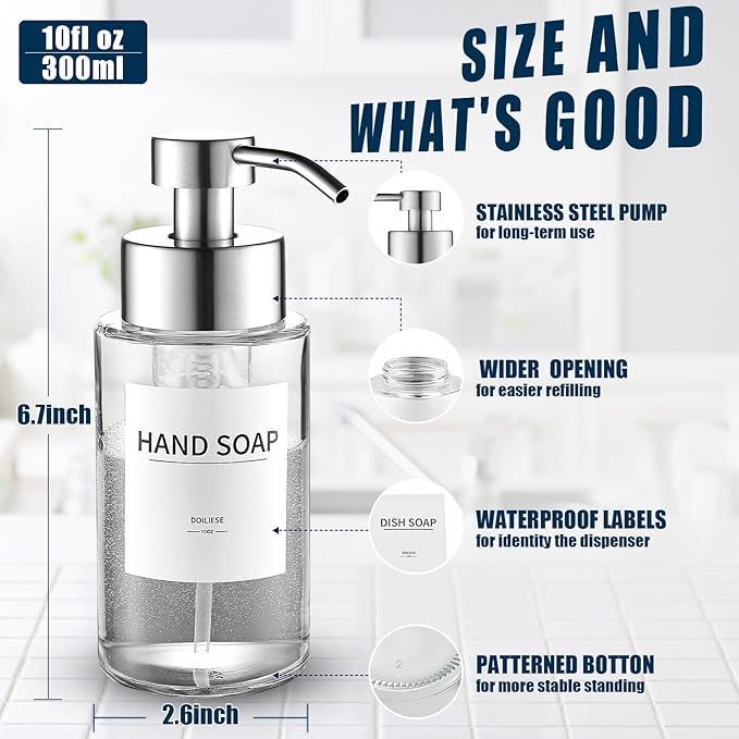 Glass Foaming Hand Soap Dispenser, 10 oz Easy Refill Glass Soap Dispenser