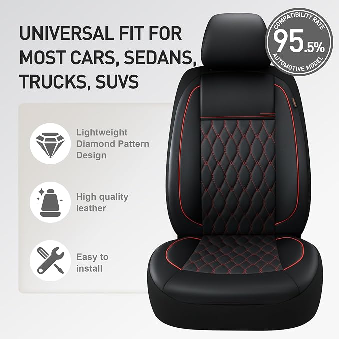 CAROMOP Faux Leather Car Seat Covers 2 Front Set,Luxury and Comfortable Seat Covers for Cars, Airbag Compatible Car Interior Covers, Universal Fit for Suvs,Vans,Trucks(Black/Red)