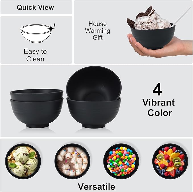 Wrova wheat straw snack bowls 10oz set of 8 - Unbreakable Dessert Bowls for kids - Mini Bowls for Ice Cream,Snack and Fruits - Microwave & Dishwasher Safe Appetizer Bowl Sets - Black