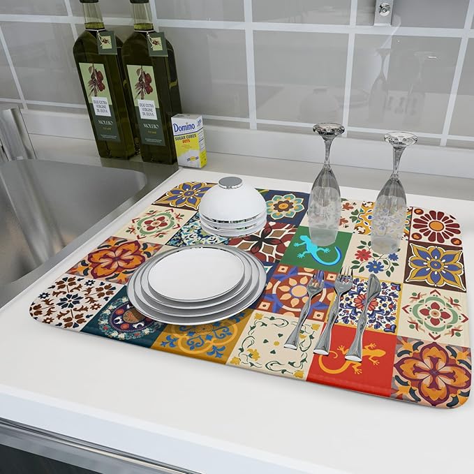 Giwawa Mexican Tile Dish Drying Mat 18"x24" Talavera Boho Floral Print Dish