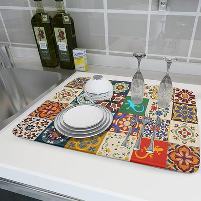 Giwawa Mexican Tile Dish Drying Mat 18"x24" Talavera Boho Floral Print Dish