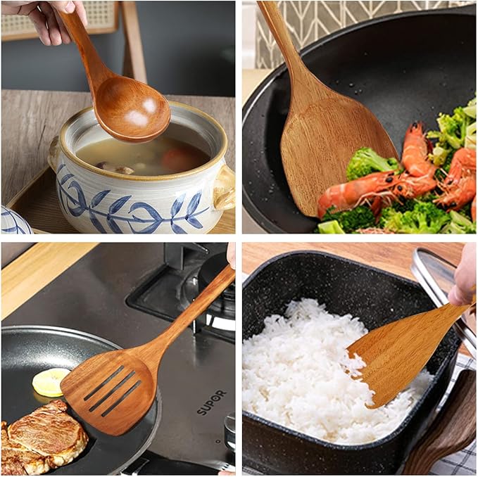 Wooden Spatula, Slotted Turner, Soup Ladle, Long Handle Utensils Set, Handmade
