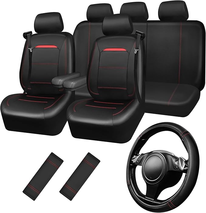 CAR PASS Leather Car Seat Cover Full Set with Steering Wheel Cover and 2PCS Seat Belt Shoulder Pads,for Trucks and SUV with Built-in Seatbelts and Front Seat Side Armrests(Combo Set, Black and Red)