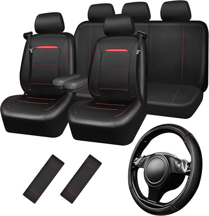 CAR PASS Leather Car Seat Cover Full Set with Steering Wheel Cover and 2PCS Seat Belt Shoulder Pads,for Trucks and SUV with Built-in Seatbelts and Front Seat Side Armrests(Combo Set, Black and Red)