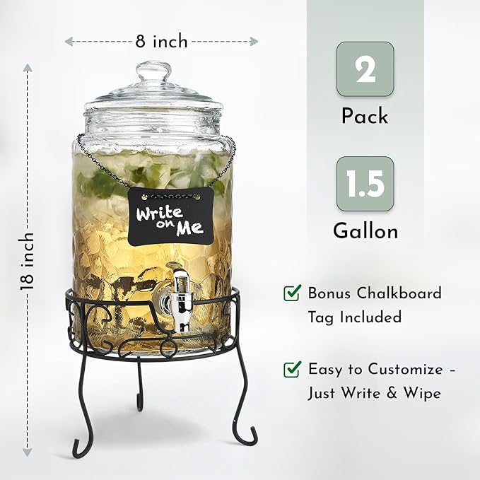 2 PACK 1.5 Gallon Drink dispenser, Classic Hammered Glass Beverage Dispenser