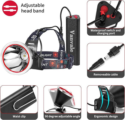 High Power Rechargeable LED Headlamp,IPX4 Waterproof Head Light with Charger,Super Long Lasting Hunting Lamp for Running,Fishing,Camping,Outdoor,Storm Power Outage（Yellow Light）
