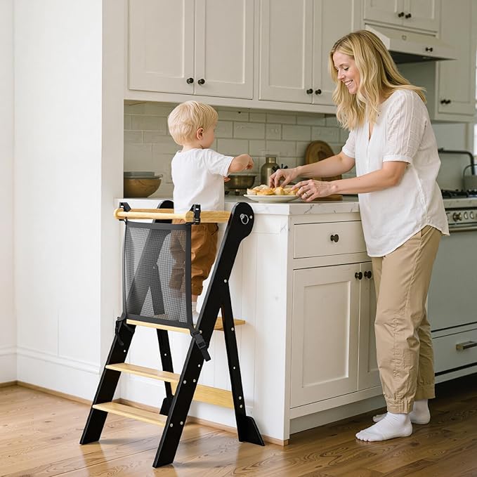 COSYLAND Foldable Toddler Kitchen Stool Helper - Height Adjustable Standing Tower for Bathroom Sink or Kitchen Counter - Step Stool for Toddlers Ages 18 Months to 6 Years Black & Natural