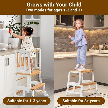COSYLAND Kids Kitchen Step Stool Helper - Wooden Standing Tower for Kids with Anti-Tip Support Legs - Mothers' Helper Kids Learning Stool for Kitchen Counter (White & Natural)