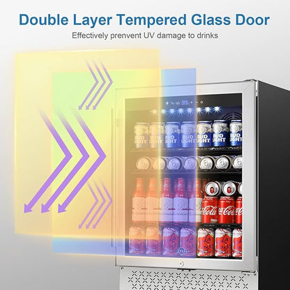 Tylza 24 Inch Beverage Refrigerator, 190 Can Capacity, Glass Door, Advanced