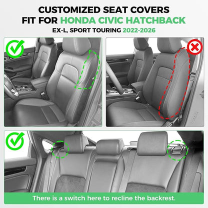 for Honda Civic Leather Seat Covers, Hatchback EX-L Sport Touring 2022-2026, Custom Fit Car Seat Cover Full Set, Waterproof Accessories, Black (60/40 Split Benches-with Rear Armrest)