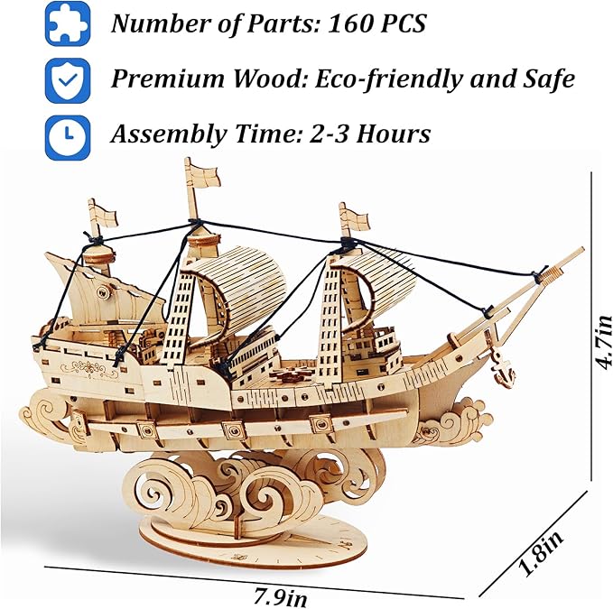Kaptein 3D Wooden Puzzles for Adults & Teens – DIY Ship Model Kit to Build – Brain Teaser Craft – Birthday Gifts & Desk Decor